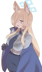 Rule 34 | 1girl, animal ear fluff, animal ears, black gloves, blonde hair, blue archive, blue eyes, blue halo, blue jacket, blue necktie, blue skirt, bra visible through clothes, breasts, clenched teeth, gloves, grey shirt, hair over one eye, halo, highres, jacket, kanna (blue archive), large breasts, long hair, necktie, sharp teeth, shirt, simple background, skirt, solo, sumiyao (amam), teeth, white background