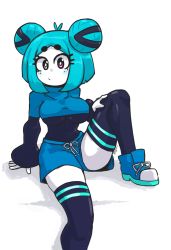 Rule 34 | 1girl, absurdres, antenna hair, aqua hair, arm support, artist name, bell sleeves, blue footwear, blue shorts, blue thighhighs, blush stickers, bob cut, breasts, character request, closed mouth, colored skin, commentary, copyright request, doce, double bun, drawstring, english commentary, foot out of frame, grey eyes, hair bun, hair ornament, hand on own knee, heterochromia, high tops, highres, knee up, large breasts, long sleeves, looking at viewer, parted bangs, pink eyes, shirt, shoes, short eyebrows, short hair, short shorts, shorts, signature, simple background, sitting, skindentation, sneakers, solo, taut clothes, taut shirt, thick eyebrows, thighhighs, thighs, turtleneck, upshorts, white background, white skin