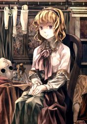 Rule 34 | 1girl, alice margatroid, bad id, bad pixiv id, blonde hair, blue eyes, book, bookshelf, capelet, chair, cross, curtains, dagger, doll joints, dress, eyeball, female focus, hands on lap, headband, inverted cross, jar, joints, knife, long sleeves, looking at viewer, mura (sensuido), photo (object), ribbon, short hair, sitting, solo, touhou, weapon, window