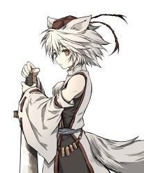 Rule 34 | 1girl, animal ears, closed mouth, commentary, detached sleeves, grey hair, hat, highres, inubashiri momiji, kourindou tengu costume, looking at viewer, red eyes, red hat, ribbon-trimmed sleeves, ribbon trim, shimoda masaya, short hair, solo, sword, tail, tokin hat, touhou, weapon, wolf ears, wolf girl, wolf tail