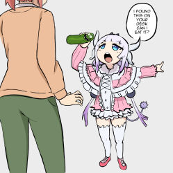 Rule 34 | 1boy, 2girls, ballet slippers, beads, blue eyes, capelet, dragon girl, dragon horns, dress, english text, frilled capelet, frills, gradient hair, green pants, hair beads, hair ornament, horns, kanna kamui, kobayashi-san chi no maidragon, kobayashi (maidragon), low twintails, multicolored hair, multiple girls, orange shirt, pants, parallelrey, pickle, pickle rick, pink capelet, pink dress, pink footwear, pointing, purple hair, red hair, rick and morty, rick sanchez, shirt, speech bubble, tail, thighhighs, twintails, white thighhighs
