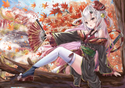 Rule 34 | 1girl, autumn leaves, bare shoulders, bell, black kimono, breasts, commentary request, double bun, gradient hair, hair bell, hair between eyes, hair bun, hair ornament, hand fan, highres, hololive, horns, in tree, japanese clothes, katana, kimono, knee up, long hair, looking at viewer, mask, mask on head, multicolored hair, nakiri ayame, nakiri ayame (1st costume), obi, off shoulder, oni mask, open mouth, outstretched arm, paper fan, red eyes, red hair, sash, shigiroid, sidelocks, sitting, sitting in tree, skin-covered horns, small breasts, streaked hair, sword, thighhighs, torii, tree, virtual youtuber, weapon, white hair, white thighhighs