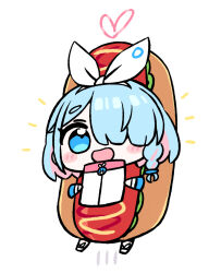 Rule 34 | 1girl, arona (blue archive), blue archive, blue eyes, blue hair, bow hairband, braid, chan co, chibi, hair over one eye, hairband, halo, heart, heart halo, highres, hot dog costume, looking at viewer, multicolored hair, open mouth, pink hair, short hair, smile, solo, two-tone hair, white hairband