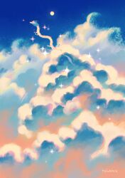 Rule 34 | blue clouds, blue hair, blue sky, cloud, cloud focus, cloudy sky, day, dragon, eastern dragon, highres, jauni (tofublock), orange clouds, original, outdoors, red eyes, scenery, sky, sparkle, sun, sunlight, whiskers, wide shot