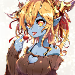 Rule 34 | + +, 1girl, :d, bare shoulders, blonde hair, blue skirt, breasts, brown sweater, cleavage, clothing cutout, collarbone, commentary request, cream, food, fruit, hair between eyes, heart cutout, hera-ur (p&amp;d), hera (p&amp;d), holding, holding food, horns, large breasts, long hair, long sleeves, off-shoulder, off-shoulder sweater, off shoulder, open mouth, orange eyes, pikomarie, pointy ears, puzzle &amp; dragons, ribbed sweater, skirt, sleeves past wrists, smile, solo, strawberry, sweater, tongue, tongue out, v-shaped eyebrows