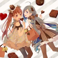 Rule 34 | 2girls, ahoge, alternate costume, bag, black dress, brown eyes, brown hair, brown legwear, candy, chocolate, colis, dress, fang, feet out of frame, food, frilled dress, frills, from behind, grey eyes, grey hair, hair between eyes, hair bun, hair ornament, hair ribbon, hat, heart, kantai collection, kiyoshimo (kancolle), libeccio (kancolle), lollipop, long hair, looking at viewer, looking back, low twintails, mini hat, multiple girls, open mouth, pantyhose, petticoat, polka dot, polka dot dress, ribbon, single hair bun, smile, striped, striped background, tan, twintails