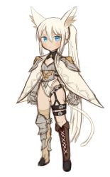 Rule 34 | 1girl, animal ear fluff, animal ears, armor, armored boots, asymmetrical footwear, blonde hair, blue eyes, blush, boots, brown footwear, cat ears, cat girl, cat tail, clenched hands, cross-laced footwear, expressionless, gloves, gluteal fold, gold trim, legs apart, long hair, looking at viewer, mismatched footwear, original, ponytail, simple background, single thigh boot, solo, sookmo, standing, tail, thigh boots, thighhighs, unfinished, very long hair, white background