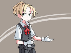 Rule 34 | 1girl, blonde hair, commentary, cowboy shot, dress shirt, english commentary, gloves, green eyes, grey background, kantai collection, looking at viewer, maikaze (kancolle), neck ribbon, one-hour drawing challenge, parted bangs, pleated skirt, ponytail, red ribbon, ribbon, school uniform, scrunchie, shirt, short sleeves, sixten, skirt, solo, standing, two-tone background, vest, white gloves, white shirt