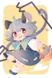 Rule 34 | animal ear fluff, animal ears, aqua capelet, basket, bloomers, blue footwear, blush stickers, capelet, closed mouth, dowsing rod, dress, full body, grey dress, grey hair, highres, holding, holding basket, jewelry, long sleeves, looking at viewer, mame komari, medium hair, mouse (animal), mouse ears, mouse girl, mouse tail, nazrin, pendant, red eyes, shirt, simple background, smile, socks, solo, tail, touhou, twitter username, underwear, white shirt, white socks