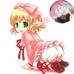 Rule 34 | 00s, 1girl, animated, animated gif, artist request, blonde hair, bloomers, bow, hinaichigo, lowres, pink bow, ribbon, rozen maiden, simple background, solo, spanked, spanking, underwear, white background, white bloomers