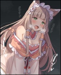 Rule 34 | 1girl, animal ear fluff, animal ears, bare shoulders, blunt bangs, blush, bow, breasts, breath, cleavage, detached collar, dress, fangs, fox ears, fox girl, fox tail, frilled hairband, frills, gradient background, green eyes, grey background, hair bow, hair tubes, hairband, heart, highres, implied sex, light brown hair, long hair, long sleeves, looking at viewer, maho (princess connect!), medium breasts, mobu, motion blur, motion lines, off-shoulder dress, off shoulder, open mouth, pink bow, pink dress, princess connect!, revision, rope, sidelocks, smile, solo, straddling, tail, translation request, very long hair