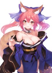 Rule 34 | 1girl, animal ear fluff, animal ears, bare shoulders, blue bow, blue kimono, blue thighhighs, blush, bow, breasts, cleavage, collarbone, detached collar, fate/extra, fate (series), fox ears, fox girl, fox shadow puppet, fox tail, hair between eyes, hair bow, highres, japanese clothes, kimono, large breasts, long hair, long sleeves, looking at viewer, obi, parted lips, pink hair, sash, short kimono, sidelocks, simple background, smile, solo, tail, tamamo (fate), tamamo no mae (fate/extra), thighhighs, thighs, twintails, white background, wide sleeves, yaguo, yellow eyes
