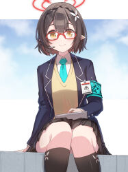 Rule 34 | 1girl, armband, ayane (blue archive), black hair, black socks, blazer, blue archive, blue necktie, cloud, cloudy sky, collared shirt, earphones, flower, glasses, hair flower, hair ornament, halo, highres, id card, jacket, kneehighs, long sleeves, looking at viewer, miniskirt, miya kazutomo, necktie, plaid, plaid skirt, pleated skirt, pointy ears, red-framed eyewear, safety pin, shirt, short hair, sitting, skirt, sky, smile, socks, solo, sweater vest, tablet pc, white shirt, yellow eyes