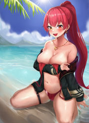 Rule 34 | 1girl, :d, absurdres, beach, bikini, blue sky, breasts, cloud, covering privates, covering breasts, day, dnumde, heart, heart necklace, heterochromia, highres, hololive, houshou marine, houshou marine (summer), jewelry, kneeling, large breasts, navel, necklace, o-ring, o-ring thigh strap, open mouth, outdoors, ponytail, red eyes, red hair, skindentation, sky, smile, solo, stomach, sunlight, swimsuit, thigh strap, thighs, untied bikini, virtual youtuber, water, wet, yellow eyes