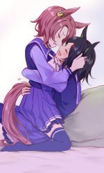 Rule 34 | 2girls, animal ears, ayame iro (toumei dolce), bed sheet, black hair, blush, brown hair, closed eyes, commentary request, facing another, frilled skirt, frills, hand in another&#039;s hair, highres, horse ears, horse girl, horse tail, hug, long sleeves, multiple girls, narita taishin (umamusume), open mouth, pillow, pleated skirt, purple legwear, purple shirt, purple skirt, reclining, sailor collar, shirt, short hair, sideways mouth, sitting, sitting on person, skirt, smile, tail, thighhighs, umamusume, winning ticket (umamusume), yuri