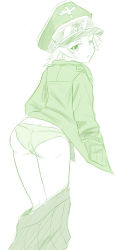 Rule 34 | 10s, 1girl, ass, clothes pull, erwin (girls und panzer), female focus, girls und panzer, hands in pocket, hat, jacket, military, military uniform, monochrome, pale color, panties, short hair, skirt, skirt pull, solo, underwear, uniform, white background