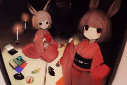 Rule 34 | 2girls, animal, animal ears, ball, brown hair, candle, closed mouth, commentary request, empty eyes, fire, highres, holding, holding ball, indoors, japanese clothes, kimono, long sleeves, looking at viewer, multiple girls, obi, origami, original, pinching sleeves, pinwheel, rabbit, rabbit ears, red eyes, red kimono, red lips, resolution mismatch, sash, seiza, shirokujira, short eyebrows, short hair, sitting, sleeves past wrists, smile, source smaller, standing, thick eyebrows