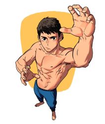 Rule 34 | 1boy, abs, arms up, barefoot, black eyes, black hair, blue pants, earrings, full body, jewelry, navel, original, pants, rinotuna, short hair, solo, standing, topless male, yellow background