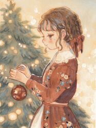 Rule 34 | 1girl, braid, brown eyes, brown hair, carrie (carriedraw), christmas, christmas ornaments, christmas tree, closed mouth, commentary, cowboy shot, decorating, dress, english commentary, floral print, from side, hair ribbon, highres, long sleeves, original, painting (medium), profile, red dress, red ribbon, ribbon, sidelocks, solo, standing, traditional media, watercolor (medium), yellow background