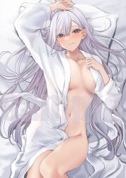 Rule 34 | 1girl, 3:, absurdres, bathrobe, bed sheet, blush, breasts, breasts apart, closed mouth, from above, frown, grey hair, hamu (plot sy), head on pillow, highres, knee up, large breasts, long hair, long sleeves, looking at viewer, lying, mole, mole under eye, navel, no bra, no panties, on back, on bed, open clothes, original, purple eyes, sample watermark, solo, very long hair, watermark