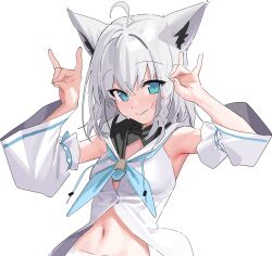 Rule 34 | 1girl, ahoge, animal ear fluff, animal ears, arms up, bare shoulders, blue eyes, braid, commentary request, detached sleeves, double fox shadow puppet, fox ears, fox shadow puppet, grey hair, hair between eyes, highres, hololive, hood, hood down, kanzarin, long hair, long sleeves, looking at viewer, navel, shirakami fubuki, simple background, solo, upper body, virtual youtuber, white background, white sleeves, wide sleeves