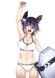 Rule 34 | 10s, 1girl, arm up, armpits, bikini, breasts, cleavage, eyepatch, female focus, headgear, highres, kantai collection, kickboard, large breasts, looking at viewer, navel, ohara hiroki, open mouth, purple hair, short hair, simple background, solo, swimsuit, tenryuu (kancolle), yellow eyes