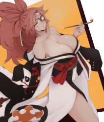 Rule 34 | 1girl, absurdres, baiken, bare shoulders, breasts, cleavage, collarbone, commentary, commission, eyepatch, facial mark, facial tattoo, guilty gear, guilty gear xrd, highres, holding, holding smoking pipe, huge breasts, japanese clothes, kimono, kiseru, large breasts, lips, long hair, looking at viewer, off shoulder, parted bangs, parted lips, pink eyes, pink hair, sash, senacolada, shiny skin, signature, simple background, smoke, smoking, smoking pipe, solo, tattoo