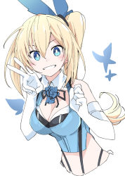 Rule 34 | 1girl, blonde hair, blue eyes, blue flower, blue ribbon, blue rose, blush, breasts, cleavage, clenched teeth, elbow gloves, flower, gloves, hair between eyes, hair ribbon, ixy, long hair, medium breasts, mirai akari, mirai akari project, ribbon, rose, simple background, smile, solo, suspenders, teeth, v, virtual youtuber, white background, white gloves