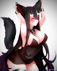 Rule 34 | 1girl, animal ears, backless dress, backless outfit, battleship princess, black dress, black hair, blush, breasts, cleavage, collar, dress, glowing, glowing eyes, hi ye, highres, horns, kantai collection, kemonomimi mode, large breasts, long hair, looking at viewer, red eyes, skin-covered horns, smile, solo, tail, thick thighs, thigh strap, thighs, very long hair