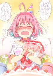 Rule 34 | ahoge, bare shoulders, blue hair, blush, bouquet, box, breasts, cake, closed eyes, collar, collarbone, commentary request, crying, earrings, facing viewer, fangs, flower, food, fruit, gift, gift box, gomennasai, hair intakes, hat, idolmaster, idolmaster cinderella girls, jewelry, large breasts, multicolored hair, nose blush, hugging object, off shoulder, open mouth, party hat, pill earrings, pink collar, pink hair, red flower, red rose, rose, shirt, short sleeves, solo, strawberry, tilted headwear, translation request, trembling, two-tone hair, wavy mouth, white shirt, wrist cuffs, yumemi riamu
