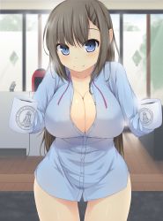 Rule 34 | 1girl, asymmetrical bangs, blue shirt, blurry, blush, breasts, brown hair, cleavage, coffee, collarbone, collared shirt, commentary, cowboy shot, cup, depth of field, faucet, highres, holding, holding cup, indoors, large breasts, legs apart, long hair, looking at viewer, morning, mug, naked shirt, original, papino, purple ribbon, revision, ribbon, shirt, sliding doors, smile, solo, standing, steam, thigh gap, thighs, unbuttoned, unbuttoned shirt, untied, wooden floor