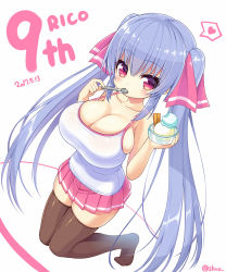 Rule 34 | 1girl, black thighhighs, blue hair, blush, breasts, camisole, character name, cleavage, collarbone, dated, eating, food, full body, hair between eyes, hands up, heart, highres, holding, holding food, holding spoon, huge breasts, ice cream, knees together feet apart, long hair, looking at viewer, miniskirt, original, pink eyes, pink skirt, pleated skirt, riko (shuz), shortstack, shuz (dodidu), skirt, solo, spoken heart, spoon, thighhighs, thighs, twintails, twitter username, very long hair, wafer stick