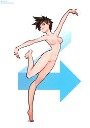 Rule 34 | 1girl, armpits, arrow (symbol), artist name, barefoot, breasts, brown eyes, brown hair, completely nude, feet, full body, gradient background, highres, looking at viewer, medium breasts, navel, neocoill, nipples, nude, nudist, one eye closed, outstretched arms, overwatch, overwatch 1, patreon username, pussy, short hair, skinny, smile, solo, spiked hair, standing, standing on one leg, tiptoes, toes, tracer (overwatch), twitter username, uncensored, watermark, web address, white background