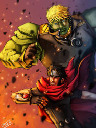 Rule 34 | 2boys, alien, black hair, blonde hair, cloak, colored skin, cris art, debris, embers, forehead protector, frown, green scales, green skin, hulkling, light particles, male focus, marvel, multiple boys, muscular, muscular male, red cloak, serious, short hair, sleeveless, superhero costume, thick eyebrows, upper body, wiccan