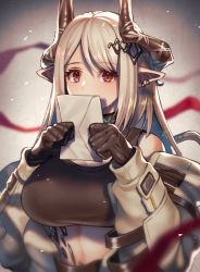 Rule 34 | 1girl, arknights, black choker, black gloves, breasts, brown eyes, choker, commentary request, crop top, gloves, grey background, hand up, holding, holding letter, horns, infection monitor (arknights), large breasts, letter, long hair, long sleeves, looking at viewer, material growth, midriff, mudrock (arknights), mudrock (elite ii) (arknights), oripathy lesion (arknights), partial commentary, pointy ears, silver hair, solo, sports bra, tanagawa makoto, upper body