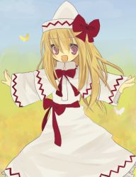 Rule 34 | 1girl, :d, blush, bow, bowtie, cowboy shot, dress, female focus, hat, hat bow, lily white, long sleeves, looking at viewer, open mouth, outstretched arms, red bow, red bowtie, smile, solo, standing, tareme, touhou, white dress