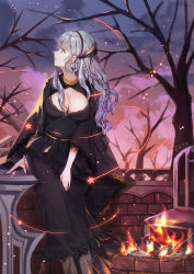 Rule 34 | 1girl, bad id, bad pixiv id, black dress, breasts, cleavage, cleavage cutout, clothing cutout, dress, emyo, fire, hairband, hestia (mythology), highres, large breasts, long hair, mythology, original, profile, silver hair, solo, wide sleeves