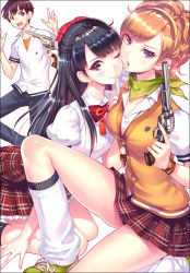 Rule 34 | 1boy, 2girls, black hair, blunt bangs, breasts, brown hair, cover, cover page, finger to mouth, gun, gun shadow, handgun, hands up, large breasts, long hair, looking at viewer, multiple girls, nishimura eri, original, pleated skirt, purple eyes, red eyes, revolver, school uniform, skirt, trigger discipline, weapon, weapon request, white background, winks
