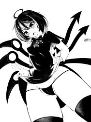 Rule 34 | 1girl, absurdres, ahoge, asymmetrical wings, black panties, blush, bow, bowtie, clothes lift, dress, from below, greyscale, hand on own hip, highres, houjuu nue, monochrome, nuekane, open mouth, panties, short hair, short sleeves, simple background, skirt, skirt lift, snake, solo, standing, thighhighs, touhou, underwear, wings