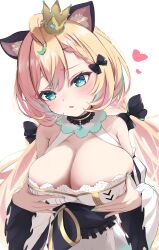 Rule 34 | 1girl, absurdres, alternate breast size, animal ear fluff, animal ears, aqua eyes, aqua nails, areola slip, armpit crease, black bow, blonde hair, blush, bow, braid, breast hold, breasts, cat ears, cleavage, cleavage cutout, clothing cutout, crown, hair bow, heart, highres, large breasts, long hair, low twintails, millie parfait, millie parfait (2nd costume), nijisanji, nijisanji en, obanana (ahap7438), solo, twintails, very long hair, virtual youtuber
