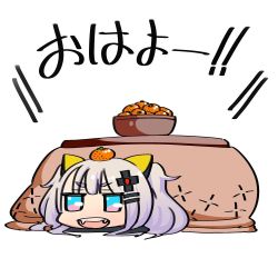 Rule 34 | 1girl, :d, bad id, bad twitter id, blue eyes, bowl, chibi, commentary request, fangs, food, fruit, gingami (giluziru), hair ornament, hairclip, kaguya luna, kotatsu, looking at viewer, lying, mandarin orange, multicolored eyes, on stomach, open mouth, pink eyes, purple hair, simple background, smile, solo, table, the moon studio, twintails, under kotatsu, under table, virtual youtuber, white background