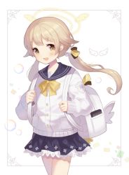 Rule 34 | 1girl, :d, backpack, bag, blonde hair, blue archive, blue skirt, border, bow, brown bow, bubble, confetti, halo, hifumi (blue archive), holding, long hair, long sleeves, looking at viewer, lunaticmed, multicolored bow, open mouth, sailor collar, school bag, school uniform, serafuku, short eyebrows, skirt, sleeves past wrists, smile, solo, standing, twintails, white bag, white border, wing hair ornament, wings, yellow bow, yellow eyes