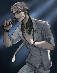 Rule 34 | 1boy, arurandeisu, black hair, bracelet, formal, green shirt, grey background, grey eyes, grey hair, grey suit, holding, holding microphone, holostars, jewelry, mabukaaaa, male focus, microphone, necktie, open mouth, shirt, simple background, solo, standing, suit, sweat, virtual youtuber, white necktie, wristband