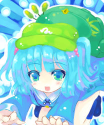 Rule 34 | 1girl, 23, 23 (candy chapus), aqua eyes, aqua hair, backpack, bag, blush stickers, female focus, hair bobbles, hair ornament, happy, hat, kawashiro nitori, leaf, looking at viewer, open mouth, pocket, solo, touhou, two side up