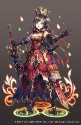 Rule 34 | 1girl, armor, armored boots, armored dress, black hair, blue eyes, boots, braid, brown background, copyright notice, crown, dress, full body, gauntlets, gradient background, grimms notes, heterochromia, long hair, nemusuke, official art, open mouth, purple eyes, red queen (grimms notes), solo, sword, teeth, weapon