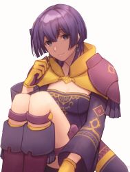 Rule 34 | 1girl, absurdres, bernadetta von varley, closed mouth, dress, earrings, fire emblem, fire emblem: three houses, gloves, highres, jewelry, kankitsurui (house of citrus), knees up, long sleeves, nintendo, purple eyes, purple hair, simple background, sitting, solo, white background