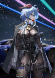 Rule 34 | 1girl, absurdres, alternate costume, artist name, bag, ball gag, bdsm, bell, blue hair, bondage, bound, brown eyes, car, chastity belt, chinese commentary, collar, cowbell, gag, ganyu (genshin impact), genshin impact, highres, horns, jacket, jacket on shoulders, leash, long hair, motor vehicle, outdoors, pantyhose, pee, remote control vibrator, rope, roundschen, sex toy, signature, solo, thigh strap, torn clothes, torn pantyhose, vibrator, vibrator cord
