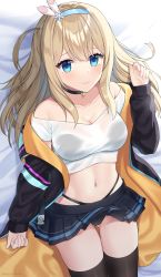 Rule 34 | 1girl, absurdres, alternate costume, black choker, black jacket, black panties, black skirt, black thighhighs, blonde hair, blouse, blue eyes, breasts, ceia (vtuber), choker, cleavage, closed mouth, collarbone, girls&#039; frontline, hairband, heart, heart choker, highres, jacket, long hair, looking at viewer, lying, medium breasts, navel, on back, open clothes, open jacket, panties, rynzfrancis, see-through, shirt, simple background, skirt, smile, solo, suomi (girls&#039; frontline), tank top, thighhighs, thighs, underwear, virtual youtuber, white shirt, white tank top
