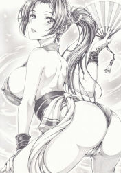 Rule 34 | 1girl, ass, breasts, covered erect nipples, folding fan, graphite (medium), greyscale, hand fan, holding, holding fan, japanese clothes, long hair, looking at viewer, mikuro, monochrome, ponytail, revealing clothes, shiranui mai, sideboob, solo, the king of fighters, thighs, traditional media