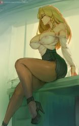 Rule 34 | 1girl, bare shoulders, blonde hair, blue eyes, braid, breasts, cleavage, collarbone, covered erect nipples, cutesexyrobutts, desk, high heels, highres, large breasts, long hair, looking to the side, miniskirt, no bra, off shoulder, office lady, on desk, pantyhose, pencil skirt, pinstripe pattern, pinstripe skirt, see-through, signature, sitting, on desk, skindentation, skirt, solo, thick thighs, thighs